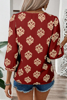 Red Damask Floral Print Contrast V Neck 3/4 Sleeve Blouse