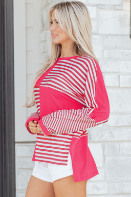 Pink Stripe Color Block Patchwork Drop Shoulder Long Sleeve Tunic Top