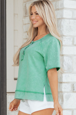 Mint Green Half Buttons Raw Seam Raglan Sleeve Mineral Wash T Shirt