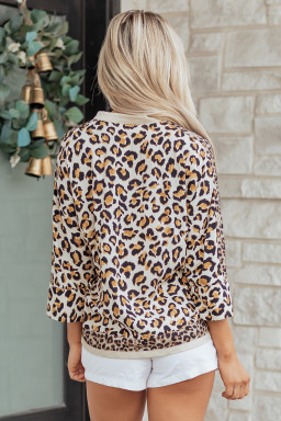 Khaki Mixed Leopard Patchwork 3/4 Sleeve Loose Shirt