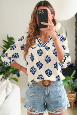 Blue Damask Floral Print Contrast V Neck 3/4 Sleeve Blouse