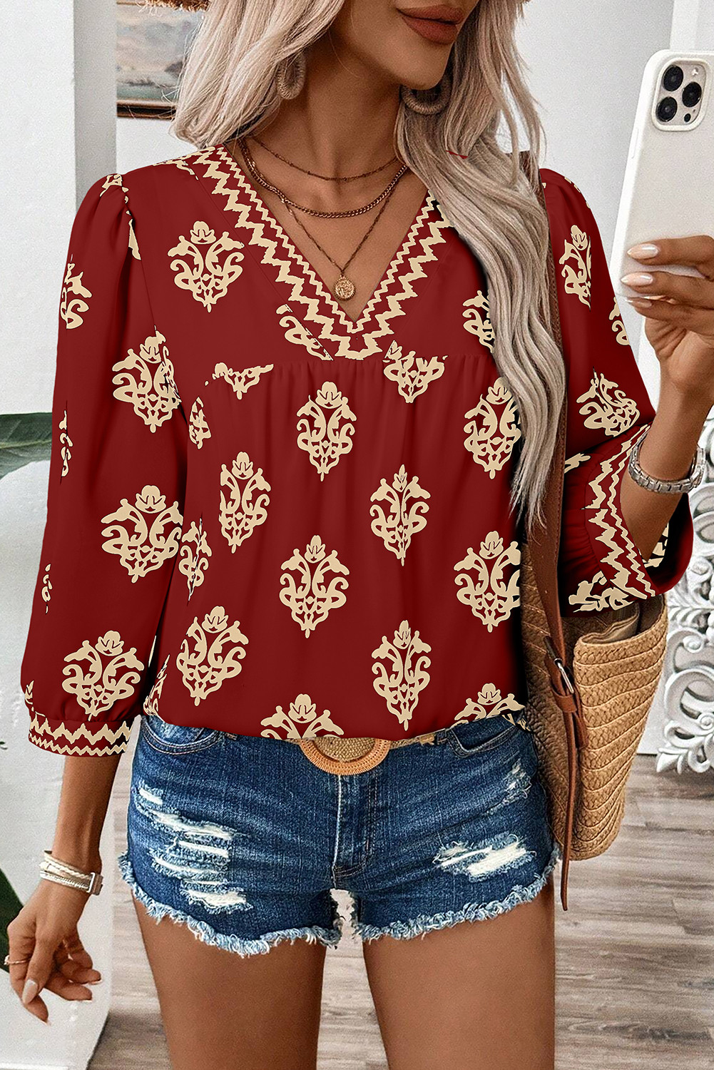 Red Damask Floral Print Contrast V Neck 3/4 Sleeve Blouse