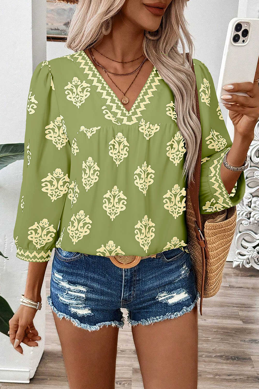Green Damask Floral Print Contrast V Neck 3/4 Sleeve Blouse