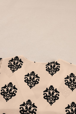 Khaki Damask Floral Print Contrast V Neck 3/4 Sleeve Blouse