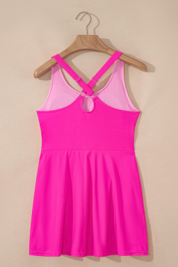 Rose Red Contrast Trim Neckline Active Shorts Attached One Piece Swim Dress