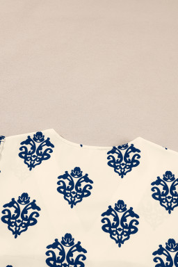 Blue Damask Floral Print Contrast V Neck 3/4 Sleeve Blouse