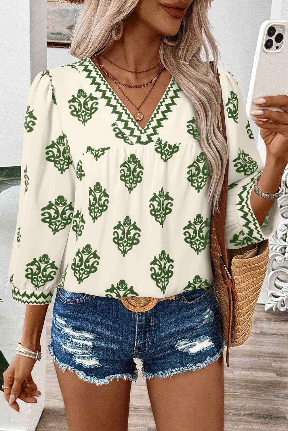 Green Damask Floral Print Contrast V Neck 3/4 Sleeve Blouse