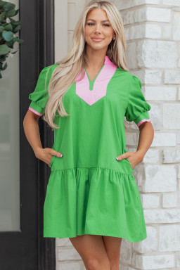 Bright Green Color Block Detail Split Neck Short Puff Sleeve Ruffle Hem Mini Dress
