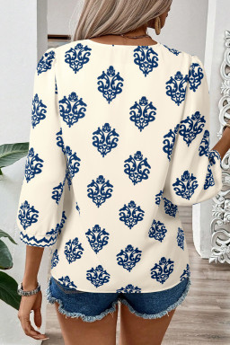 Blue Damask Floral Print Contrast V Neck 3/4 Sleeve Blouse