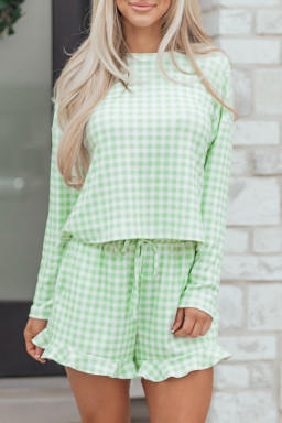 Green Gingham Long Sleeve Loose Top Drawstring Shorts 2pcs Lounge Set