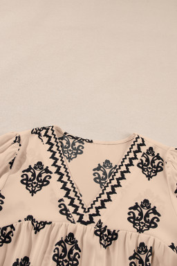 Khaki Damask Floral Print Contrast V Neck 3/4 Sleeve Blouse