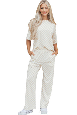 Khaki Checkered Print Half Sleeve Tee 2pcs Lounge Pant Set