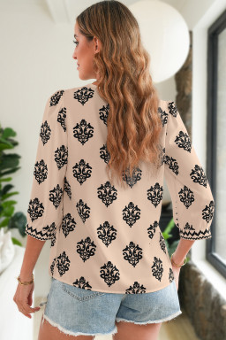 Khaki Damask Floral Print Contrast V Neck 3/4 Sleeve Blouse