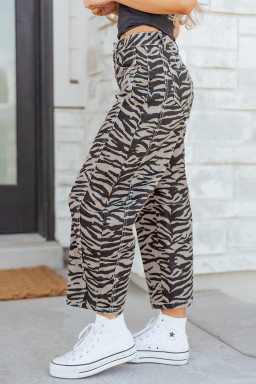 Gray Zebra Stripe Printed Wide Leg Barrel Jeans