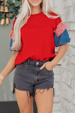 Fiery Red Stars Stripes Short Puff Sleeve Top