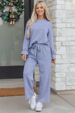Beau Blue Flounce Long Sleeve Top Drawstring Pants Contrast Velvet Bow Knot 2pcs Lounge Set