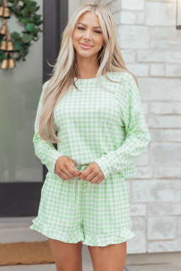 Green Gingham Long Sleeve Loose Top Drawstring Shorts 2pcs Lounge Set