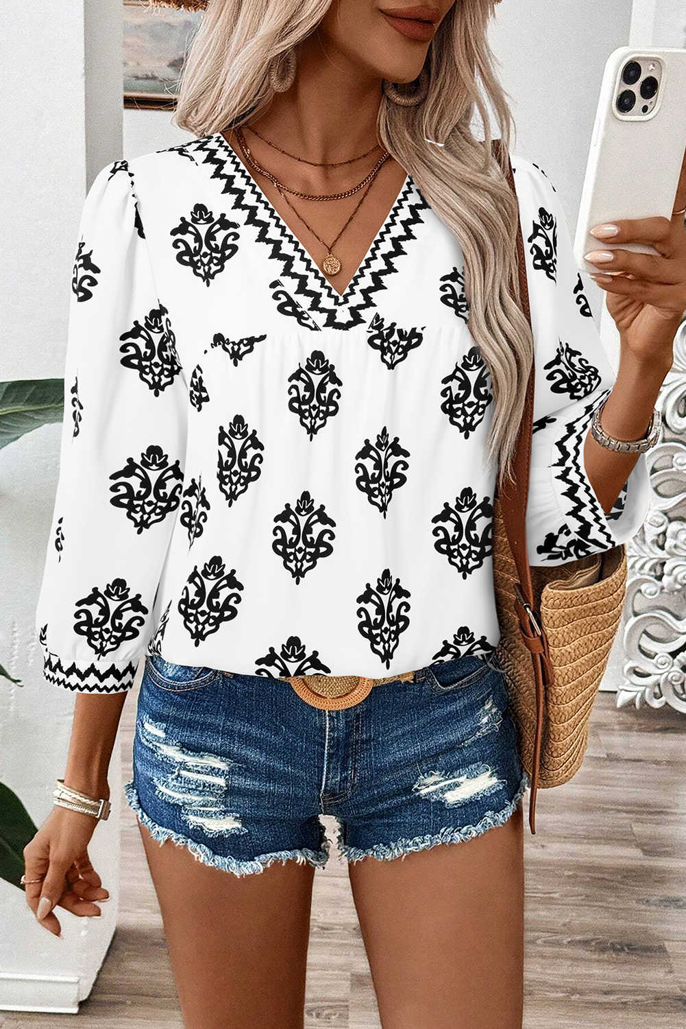 White Damask Floral Print Contrast V Neck 3/4 Sleeve Blouse