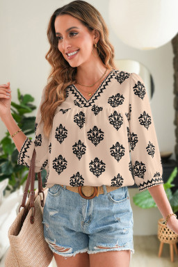 Khaki Damask Floral Print Contrast V Neck 3/4 Sleeve Blouse