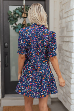 Blue Wild Daisy Floral Split Neck Short Puff Sleeve Mini Dress
