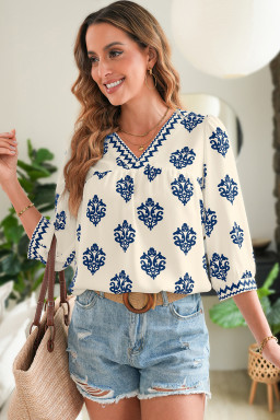 Blue Damask Floral Print Contrast V Neck 3/4 Sleeve Blouse
