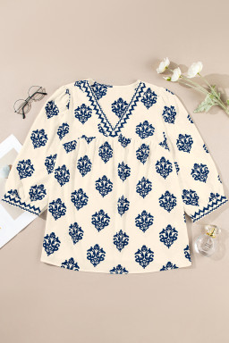 Blue Damask Floral Print Contrast V Neck 3/4 Sleeve Blouse