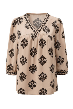 Khaki Damask Floral Print Contrast V Neck 3/4 Sleeve Blouse