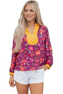 Rose Contrast Placket Split V Neck Floral Blouse