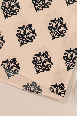 Khaki Damask Floral Print Contrast V Neck 3/4 Sleeve Blouse