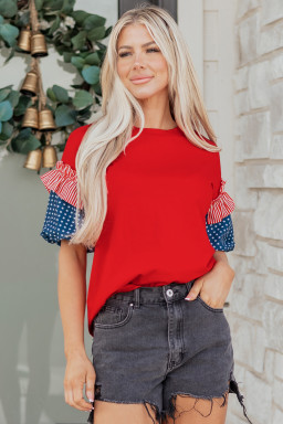 Fiery Red Stars Stripes Short Puff Sleeve Top