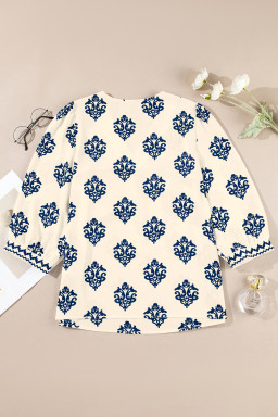 Blue Damask Floral Print Contrast V Neck 3/4 Sleeve Blouse