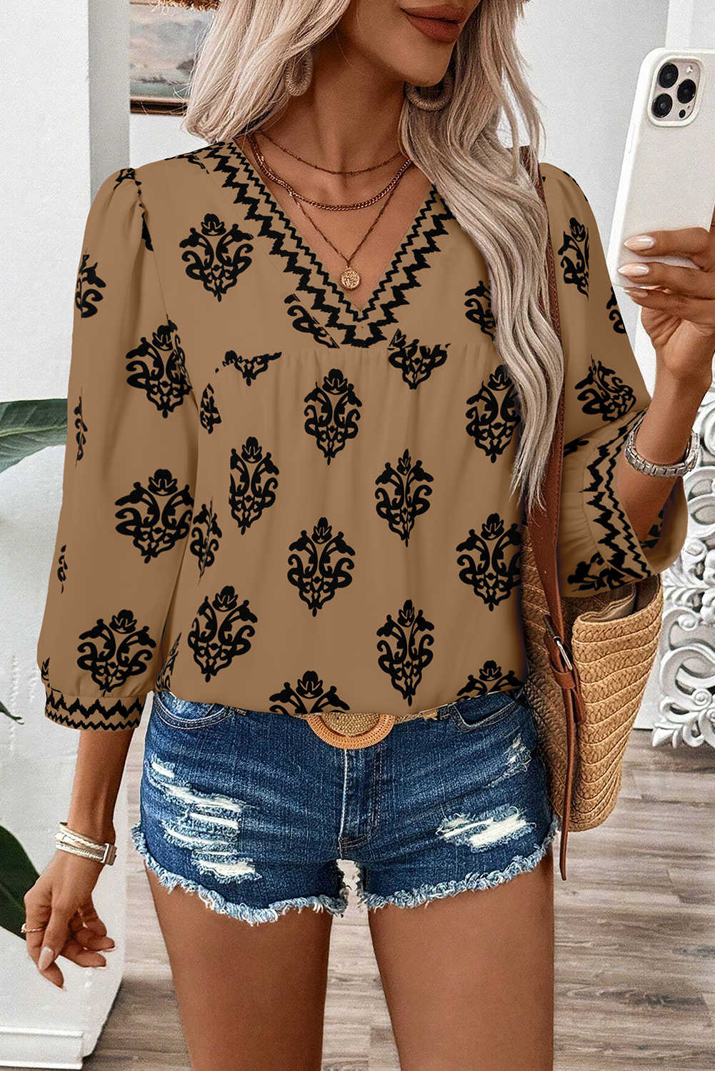 Khaki Damask Floral Print Contrast V Neck 3/4 Sleeve Blouse