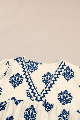 Blue Damask Floral Print Contrast V Neck 3/4 Sleeve Blouse