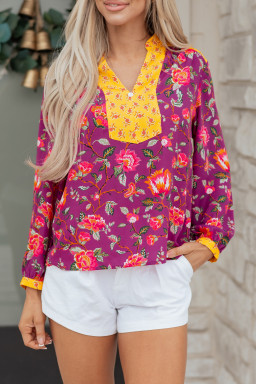 Rose Contrast Placket Split V Neck Floral Blouse