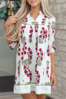 White Frilled V Neck 3/4 Sleeve Loose Floral Dress