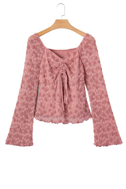Peach Blossom Drawstring Knot Detail Floral Lace Blouse
