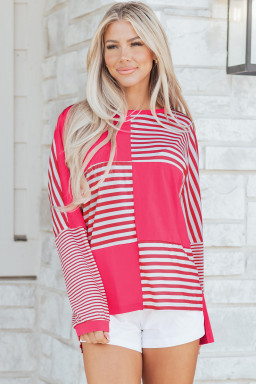 Pink Stripe Color Block Patchwork Drop Shoulder Long Sleeve Tunic Top