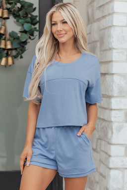 Sky Blue Solid Color Contrast Textured Patchwork Raw Edge 2pcs Short Set