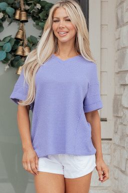 Wisteria Waffle V Neck Short Sleeve Knit Top
