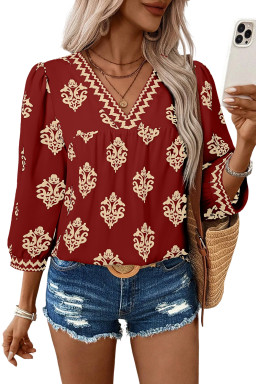 Red Damask Floral Print Contrast V Neck 3/4 Sleeve Blouse