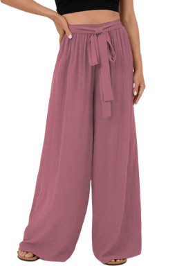 Rose Tan High Waisted Tie Front Side Pocket Wide Leg Flowy Casual Pants