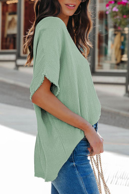 Green Frayed Batwing Sleeve Textured Cotton Blouse