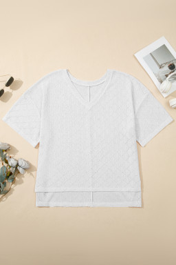 White Pointelle Rhombus Knit Plus Size V Neck Loose Top