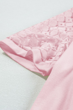 Pink Seamed Detail Contrast Lace Raglan Sleeve Tee