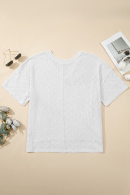 White Pointelle Rhombus Knit Plus Size V Neck Loose Top