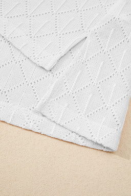 White Pointelle Rhombus Knit Plus Size V Neck Loose Top