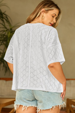 White Pointelle Rhombus Knit Plus Size V Neck Loose Top