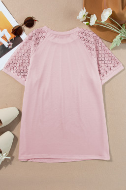 Pink Seamed Detail Contrast Lace Raglan Sleeve Tee