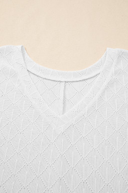 White Pointelle Rhombus Knit Plus Size V Neck Loose Top