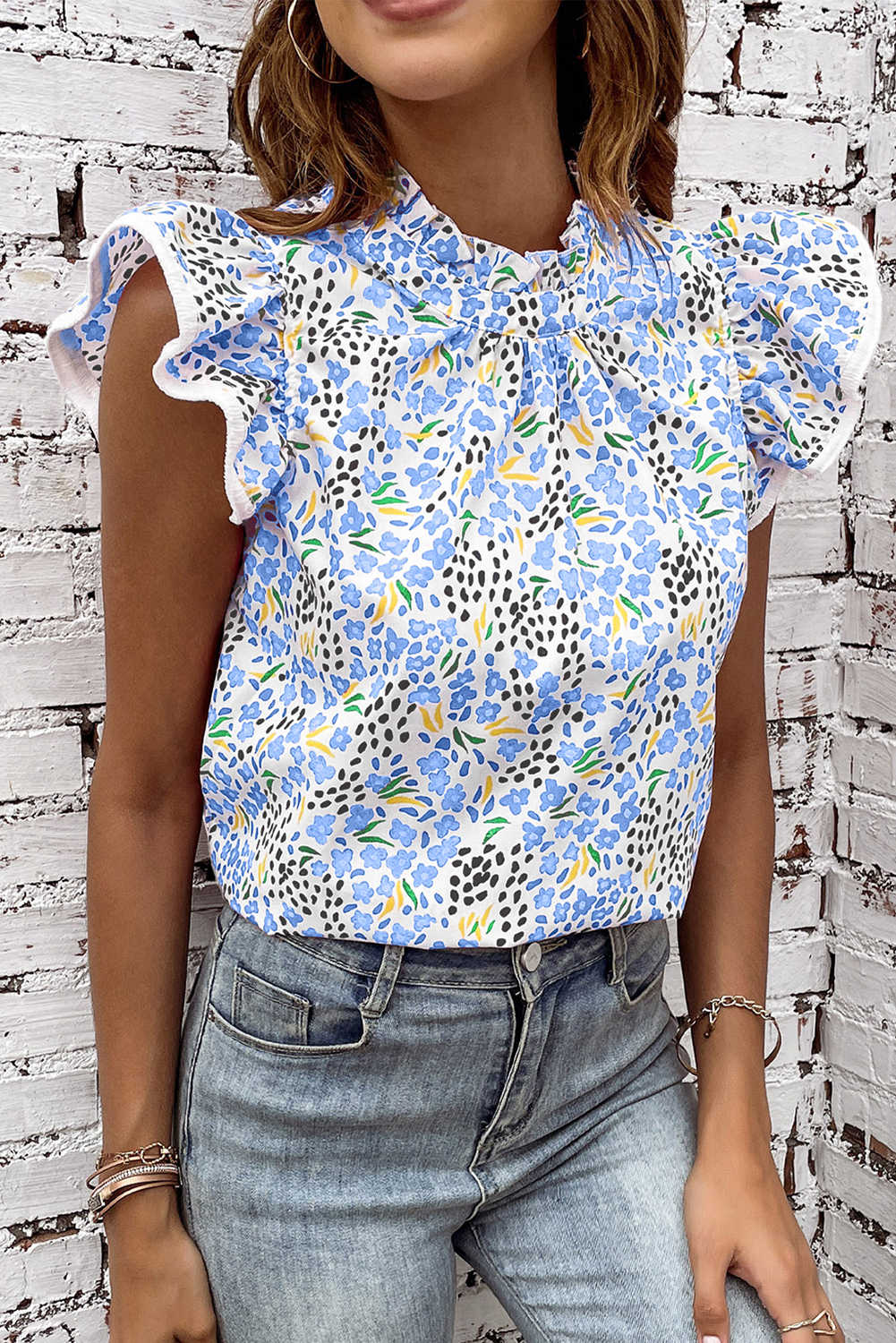Sky Blue Abstract Print High Neck Flutter Sleeves Top